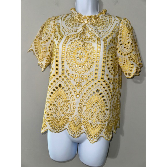 Minkpink Embroidered Eyelet Top Women's Small Boho Yellow White Blouse - Picture 1 of 6